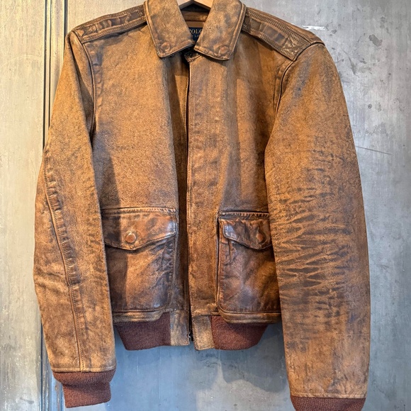 Polo Ralph Lauren Mens Brown Vintage Hand Detailed Leather Flight Bomber Jacket - Picture 7 of 10